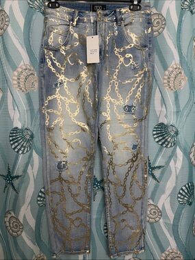 Light Blue Straight-Leg Jeans with Gold Chain Print